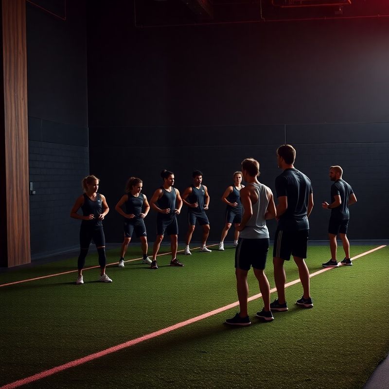 Small-group class of eight athletes mid-workout on the Mercer Group turf lane