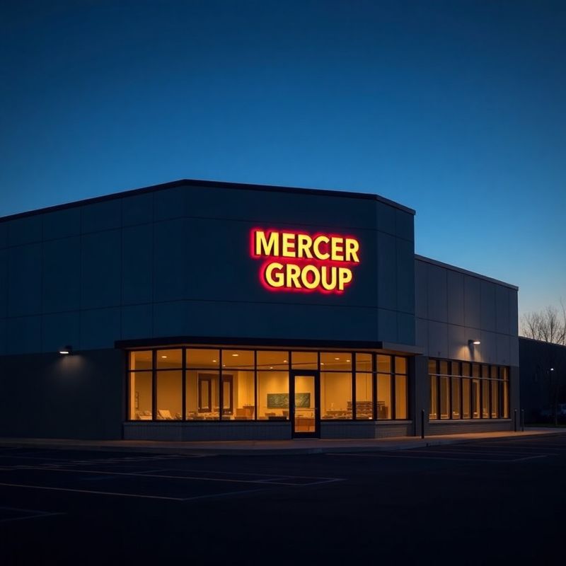 Mercer Group exterior at dusk with coral-illuminated signage